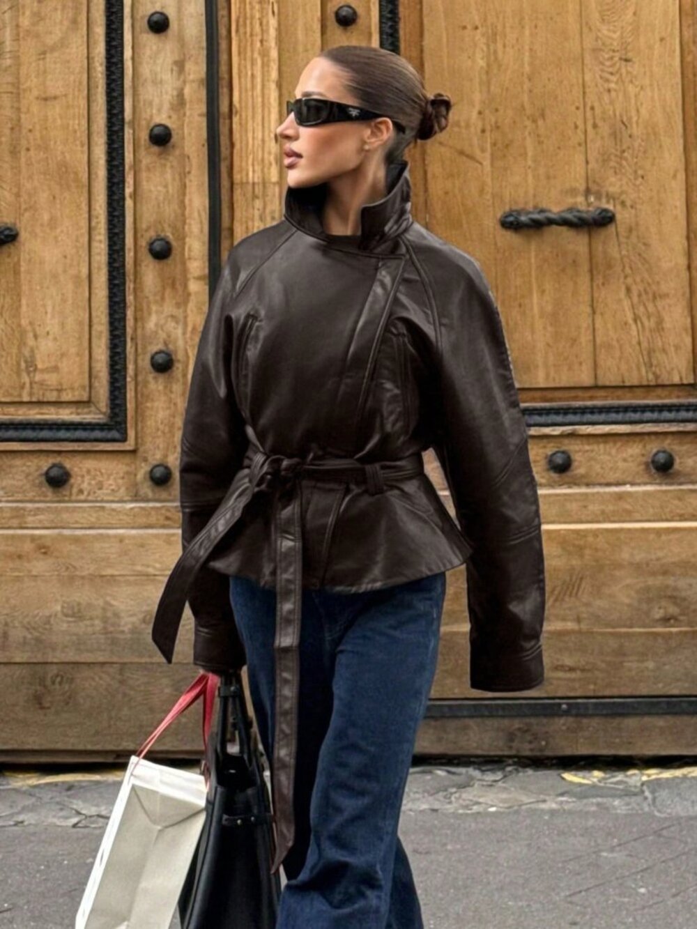 Brown Casual Women's Turndown Collar Faux Leather Jacket with Belt - Picture 2 of 4
